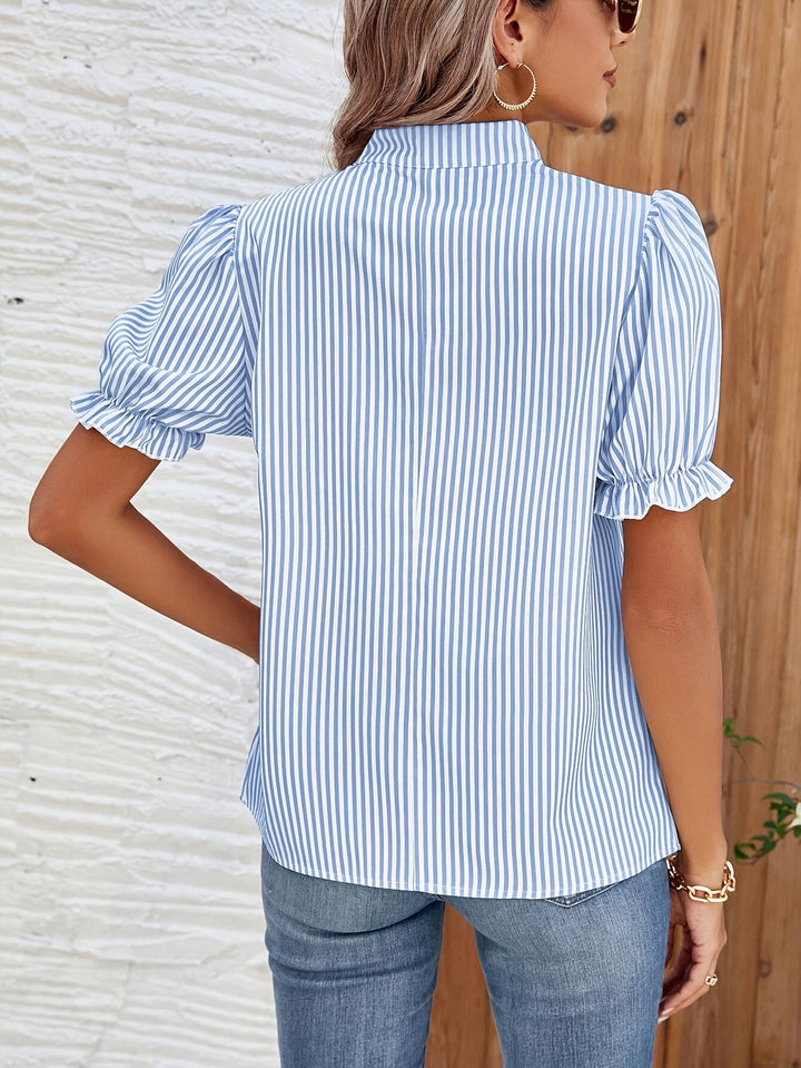 Nyxaria | Blouse femme rayée élégante avec manches bouffantes et col en V pour un look élégant, décontracté et chic