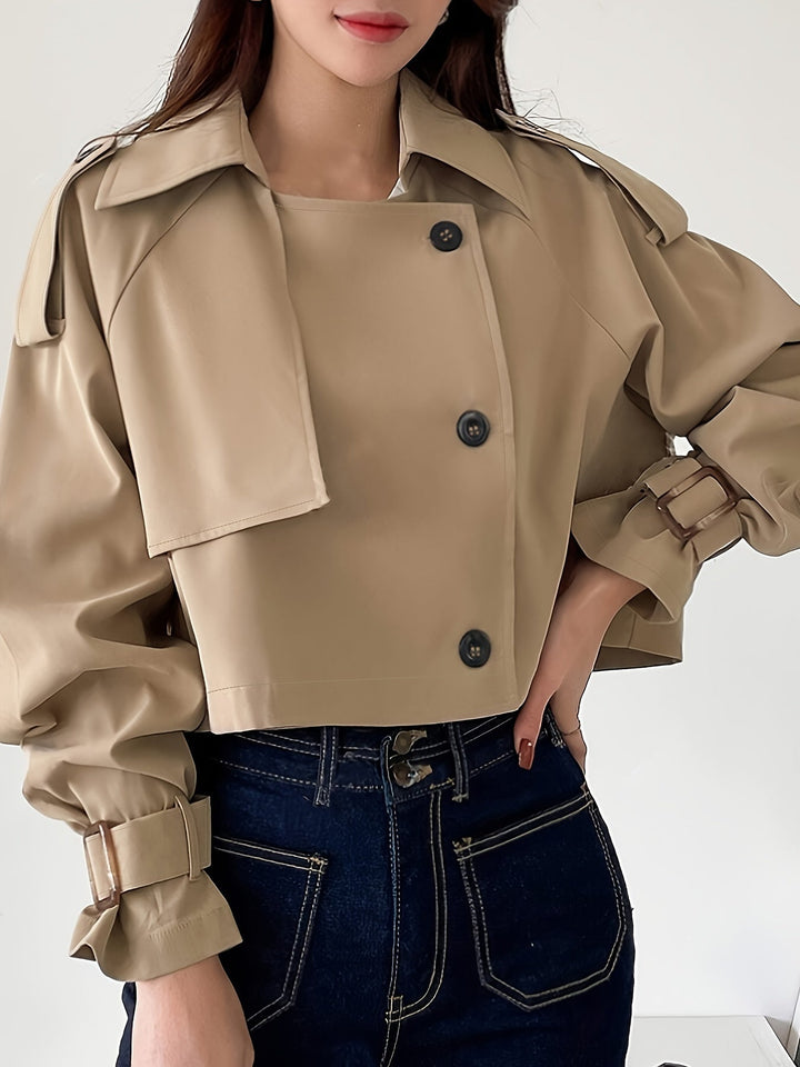 Evelyn - Trench-coat kaki stylé avec col à revers et fermeture à plumes chic pour femme