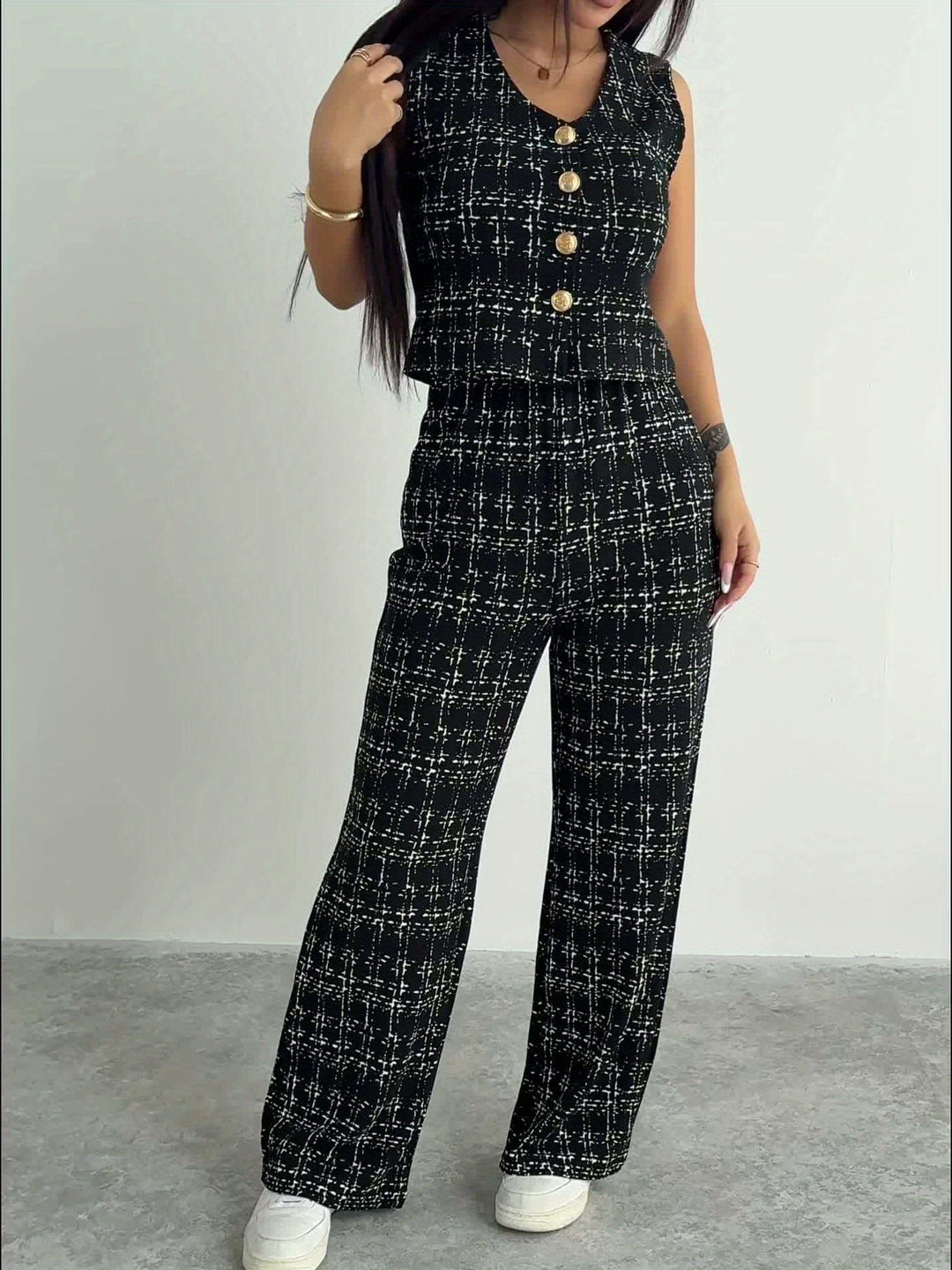 Klaudia | Ensemble haut sans manches et pantalon en tweed à carreaux chic pour femmes