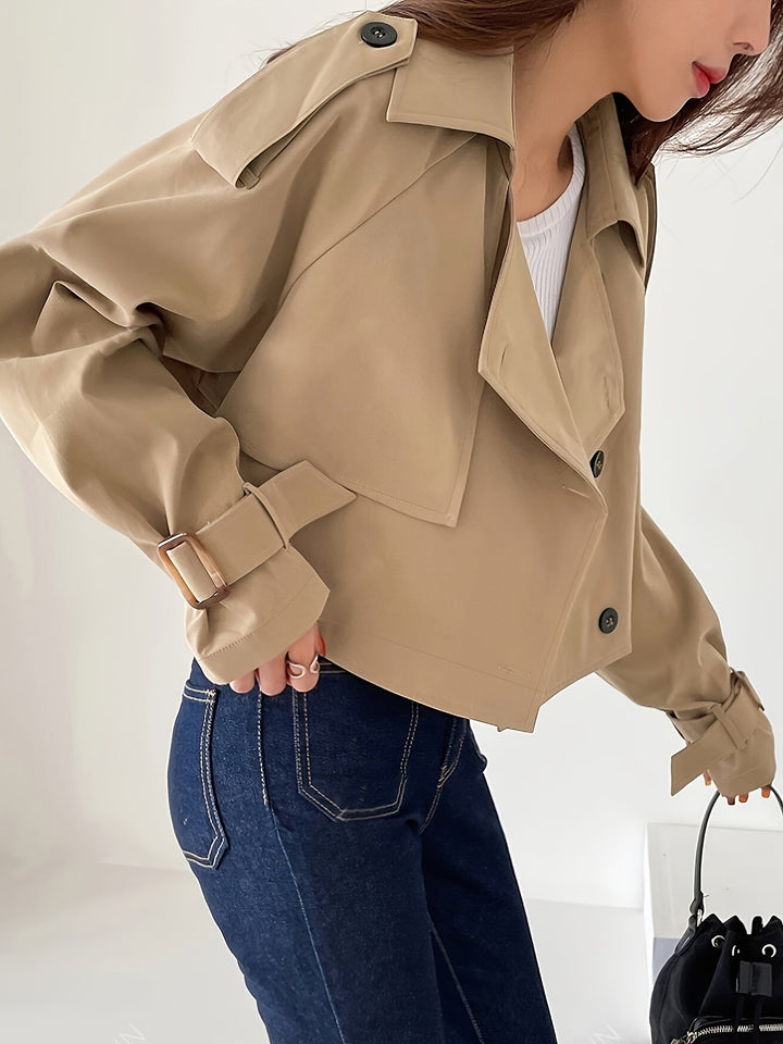 Evelyn - Trench-coat kaki stylé avec col à revers et fermeture à plumes chic pour femme