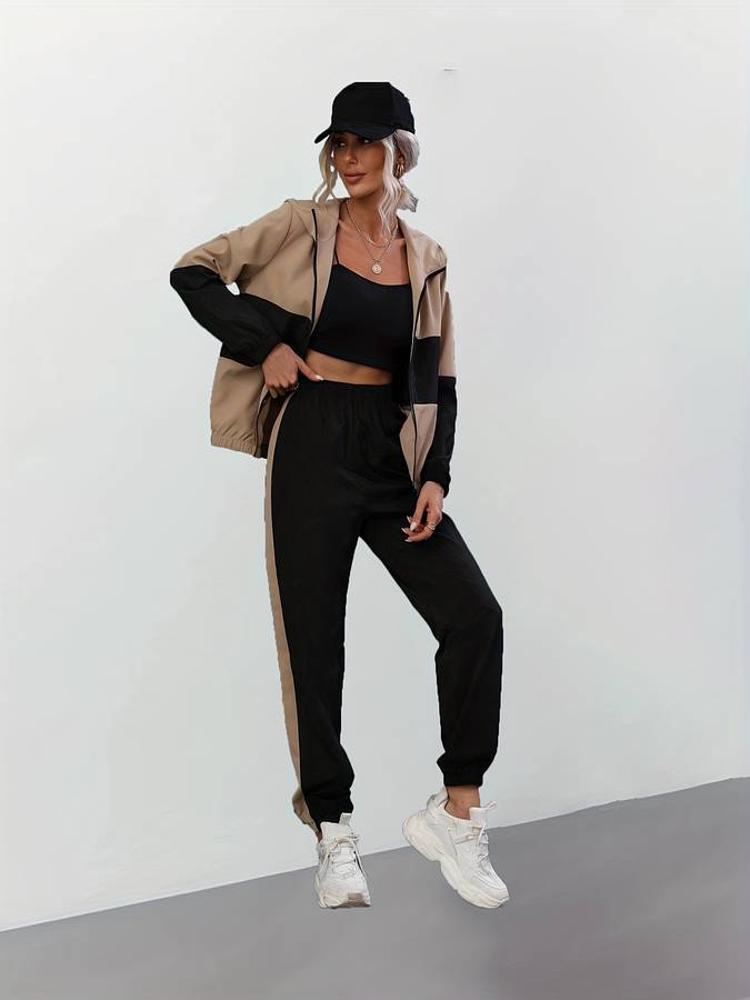 Sandra - Ensemble deux pièces noir stylé avec fermeture éclair pour femmes