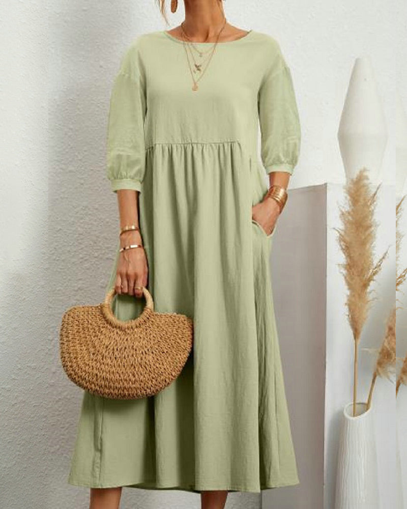 Tiana | Élégante Robe Midi pour Femme en Coton et Lin Naturels avec des Manches Bouffantes - Parfaite pour des Looks Boho Chic Décontractés