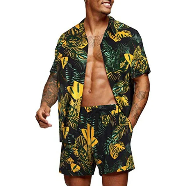 Ensemble décontracté pour hommes élégant avec une chemise à manches courtes et un short assorti pour un look confortable et sans effort.