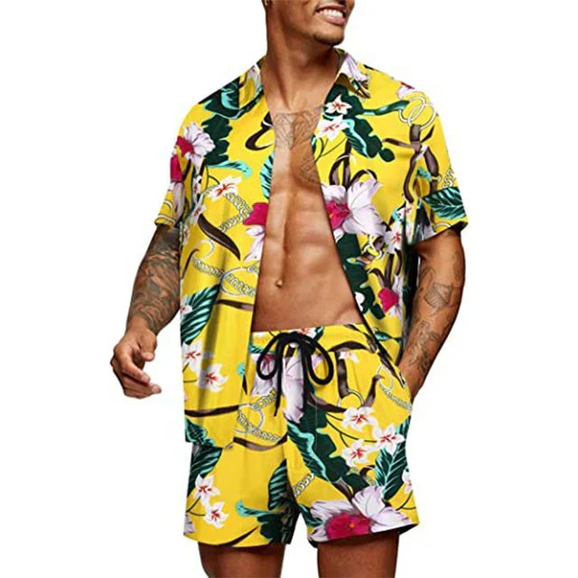 Ensemble décontracté pour hommes élégant avec une chemise à manches courtes et un short assorti pour un look confortable et sans effort.