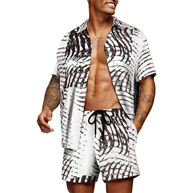 Ensemble décontracté pour hommes élégant avec une chemise à manches courtes et un short assorti pour un look confortable et sans effort.