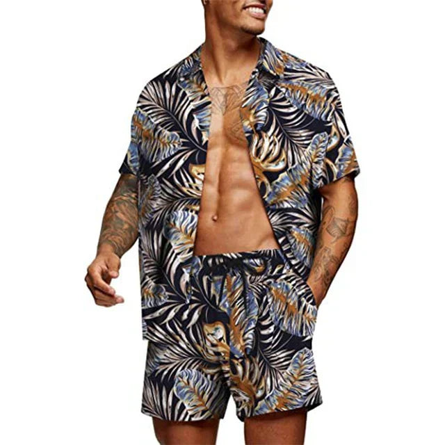 Ensemble décontracté pour hommes élégant avec une chemise à manches courtes et un short assorti pour un look confortable et sans effort.
