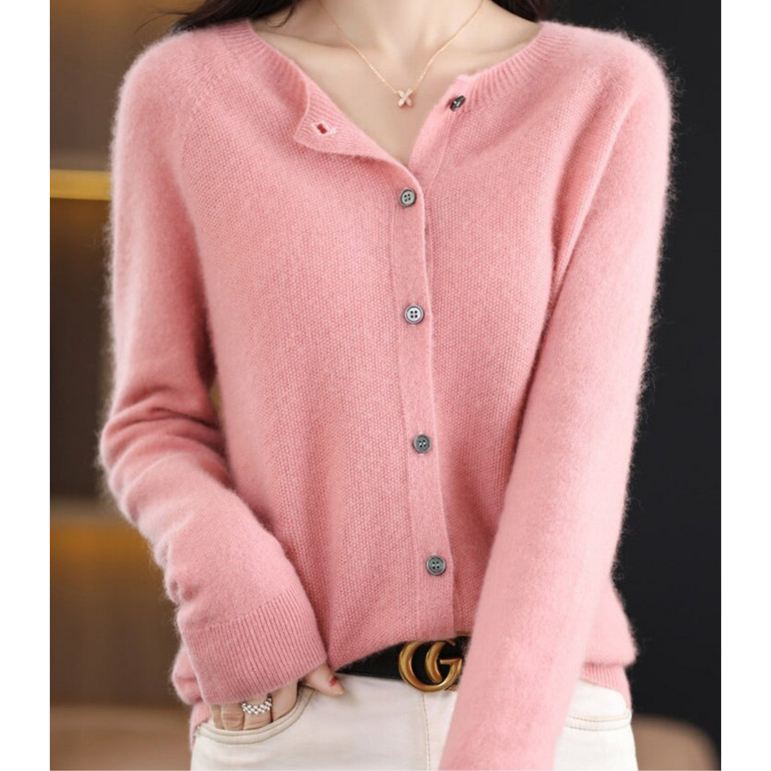 Veste en tricot de luxe pour femmes 100% laine mérinos avec encolure en O et touche de cachemire