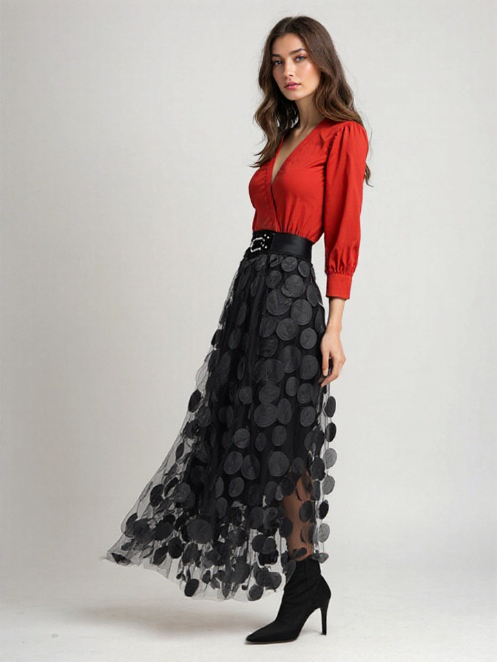 Élégance Épicée - Jupe en Tulle Patchwork Chic pour Gala, Fête et Noël