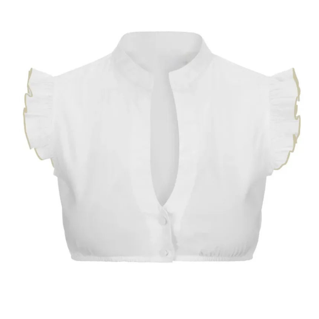 Clarita - Blouse courte pour femmes au style élégant avec des manches en cape et un col en trou de serrure sophistiqué.