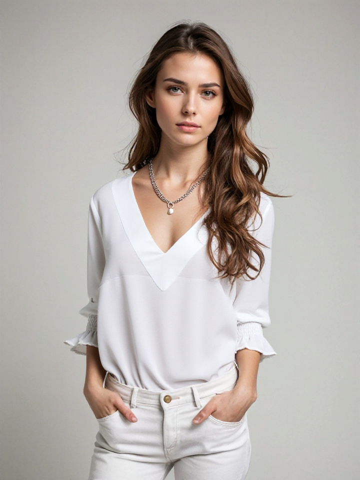Blouse Tamsin Élégante à col en V avec manches longues pour un look chic.