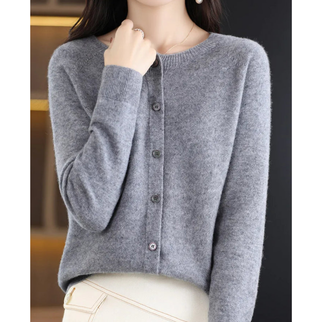 Veste en tricot de luxe pour femmes 100% laine mérinos avec encolure en O et touche de cachemire