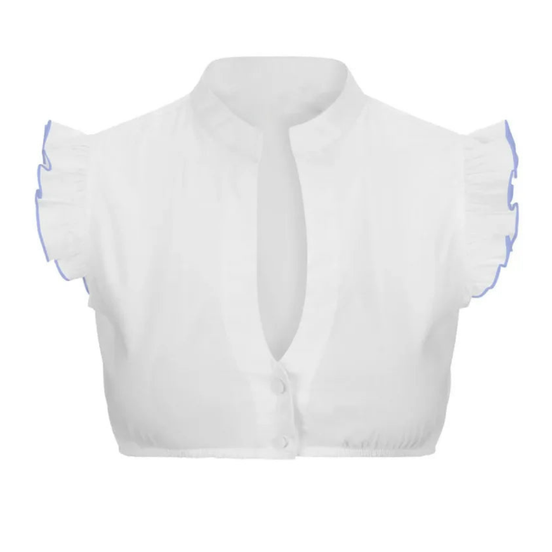 Clarita - Blouse courte pour femmes au style élégant avec des manches en cape et un col en trou de serrure sophistiqué.