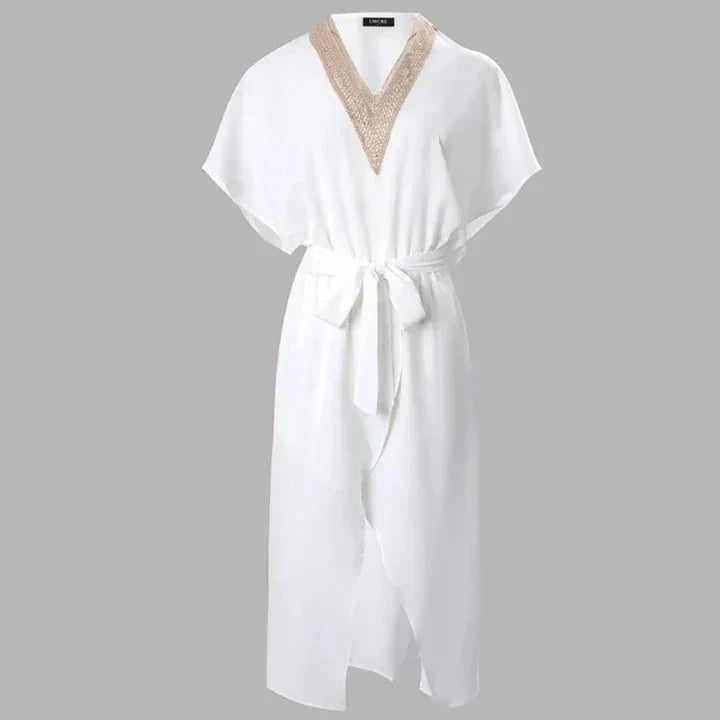 Katra | Élégante robe de chambre midi blanche avec décolleté en V - parfaite pour les occasions décontractées et en soirée, en matière très confortable à porter.