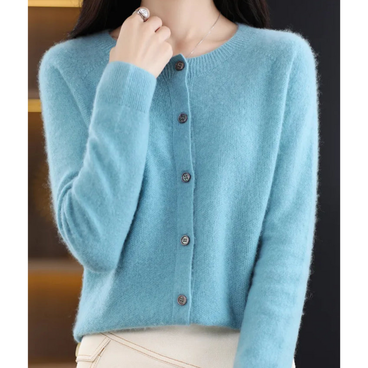 Veste en tricot de luxe pour femmes 100% laine mérinos avec encolure en O et touche de cachemire
