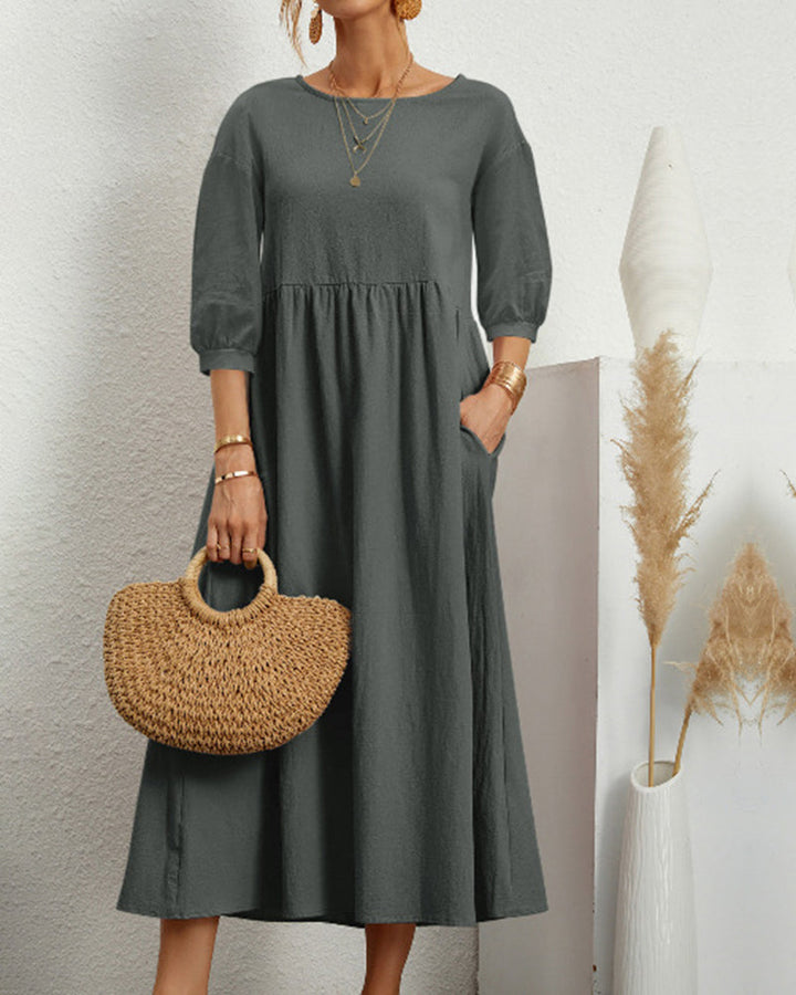 Tiana | Élégante Robe Midi pour Femme en Coton et Lin Naturels avec des Manches Bouffantes - Parfaite pour des Looks Boho Chic Décontractés