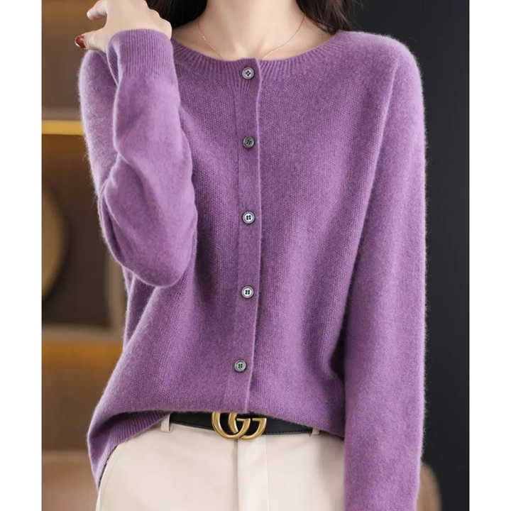 Veste en tricot de luxe pour femmes 100% laine mérinos avec encolure en O et touche de cachemire