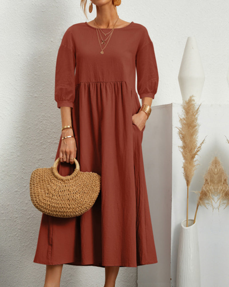 Tiana | Élégante Robe Midi pour Femme en Coton et Lin Naturels avec des Manches Bouffantes - Parfaite pour des Looks Boho Chic Décontractés