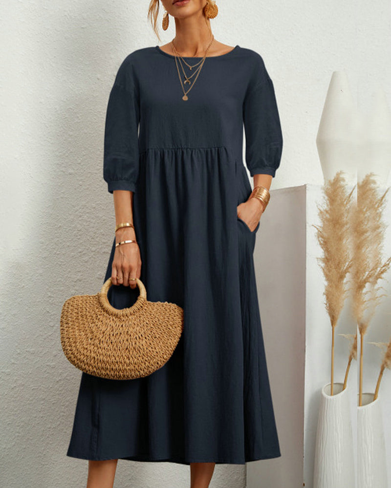 Tiana | Élégante Robe Midi pour Femme en Coton et Lin Naturels avec des Manches Bouffantes - Parfaite pour des Looks Boho Chic Décontractés