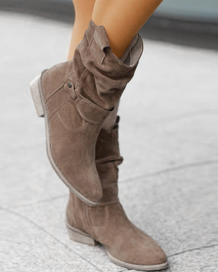 Bottines en suede élégantes avec un talon bas chic et une fermeture éclair pratique.