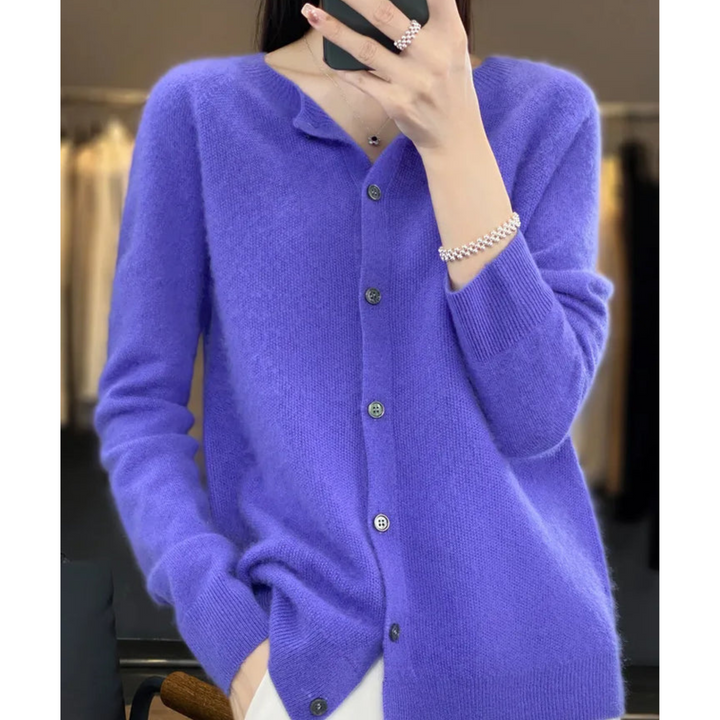 Veste en tricot de luxe pour femmes 100% laine mérinos avec encolure en O et touche de cachemire
