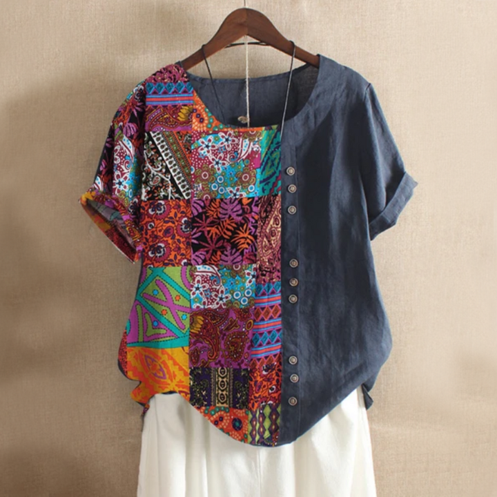 Natacha | Blouse élégante avec un imprimé patchwork abstrait saisissant pour femmes - manches courtes et confort léger