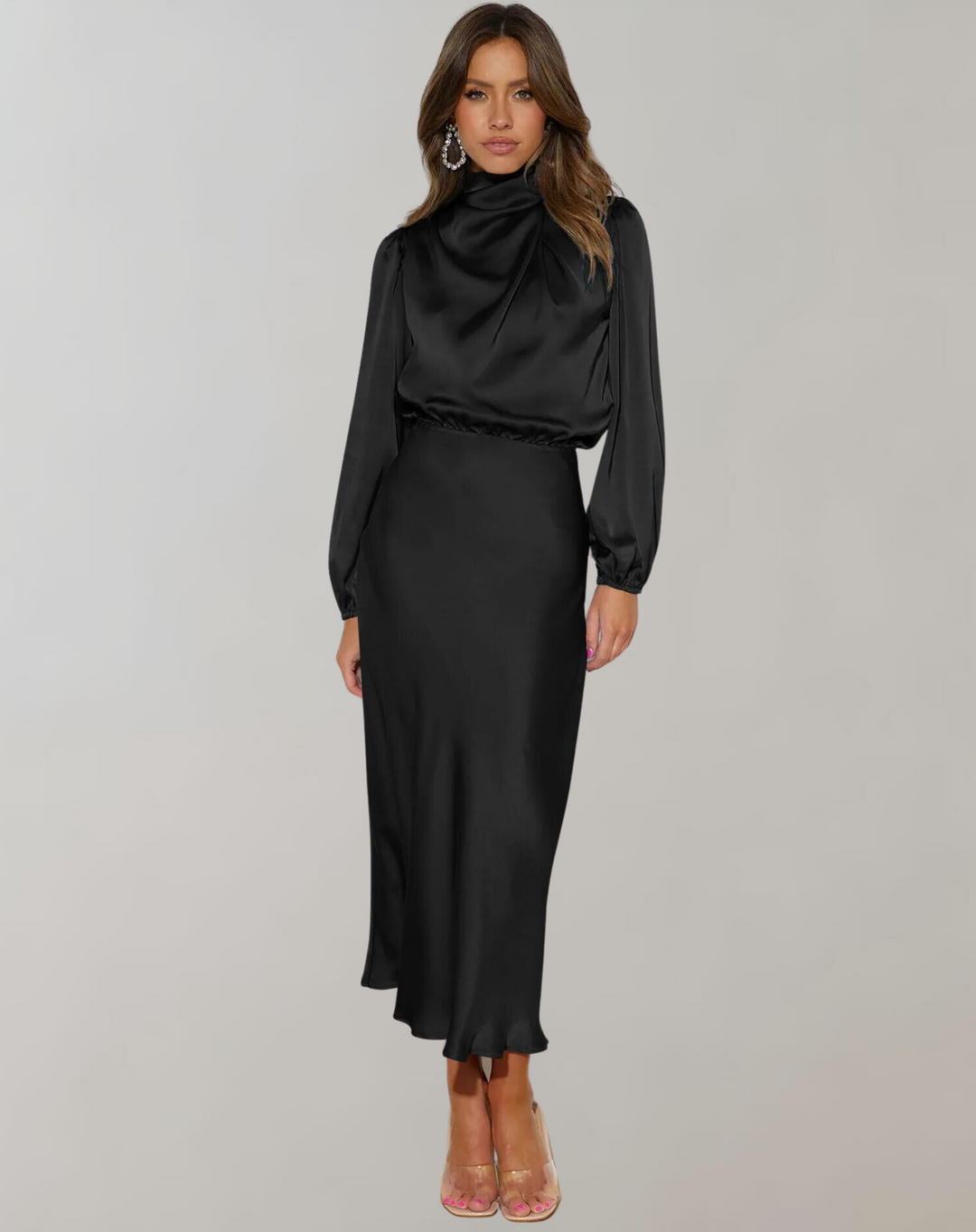 Darielle | Robe en satin luxe à manches longues pour les soirées, les fêtes et les occasions élégantes.