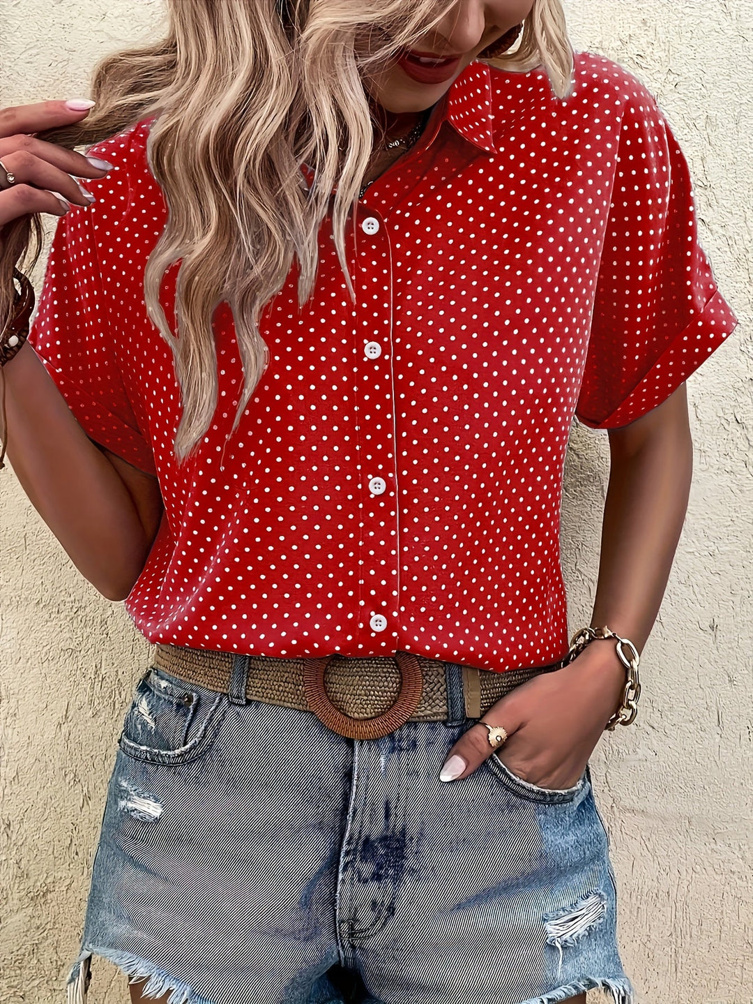 Cvetka | Blouse élégante à pois et manches courtes - Chemise boutonnée pour un look élégant