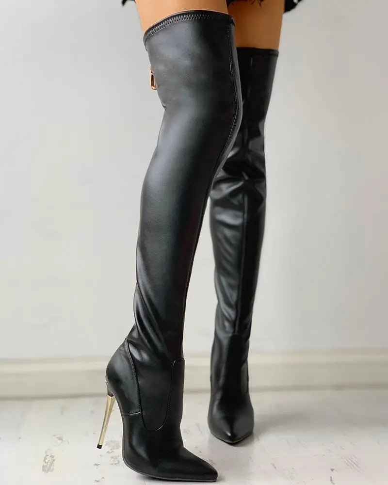 Mara | Botte élégantes au-dessus du genou avec talon doré et élégant détail de zipper