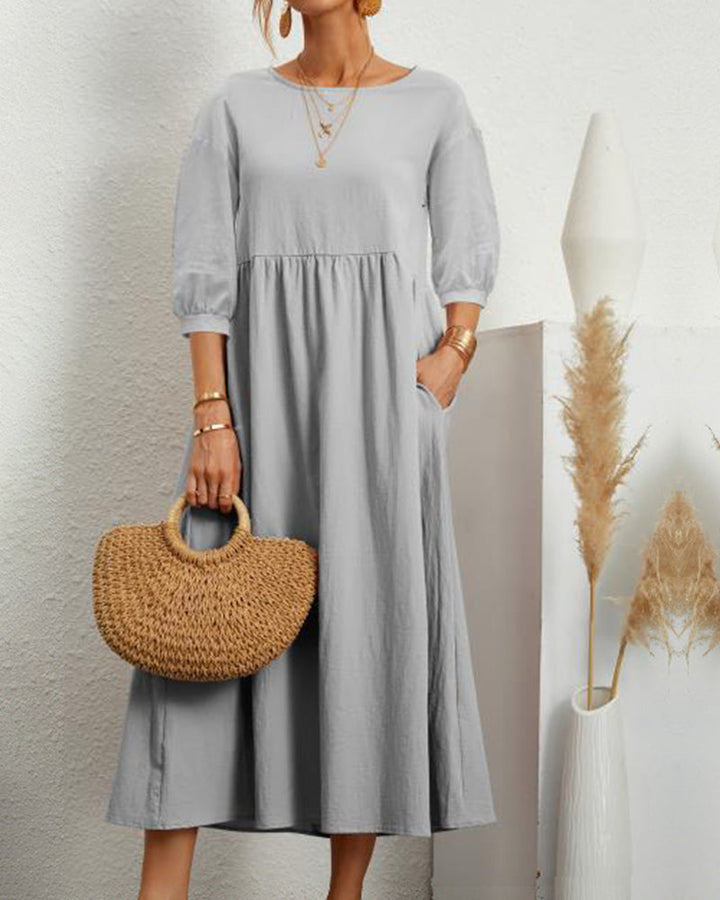 Tiana | Élégante Robe Midi pour Femme en Coton et Lin Naturels avec des Manches Bouffantes - Parfaite pour des Looks Boho Chic Décontractés