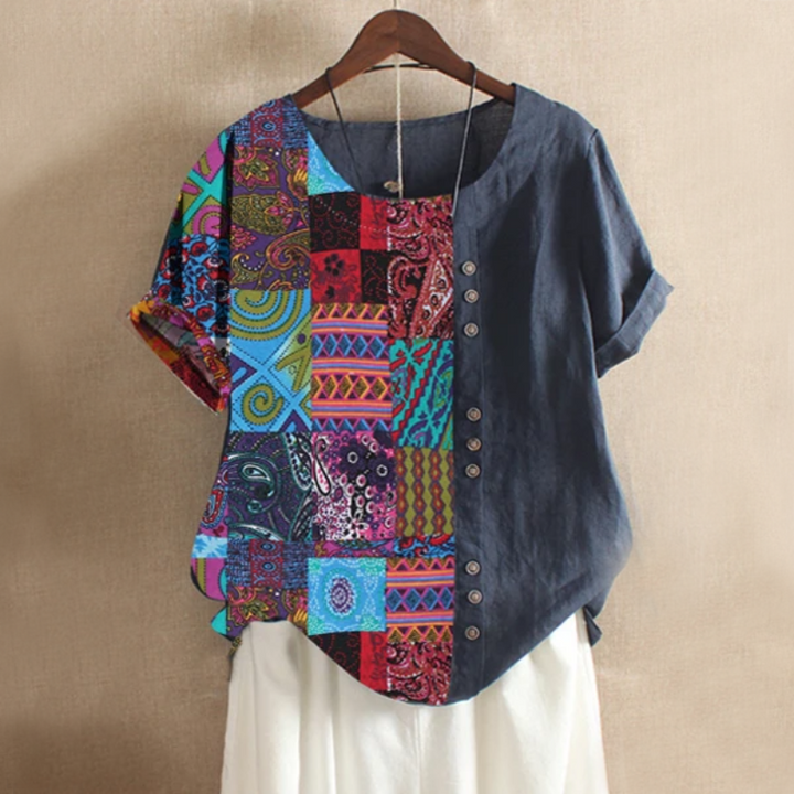 Natacha | Blouse élégante avec un imprimé patchwork abstrait saisissant pour femmes - manches courtes et confort léger