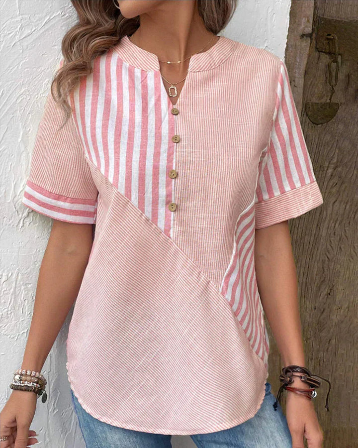 Kresimira | Top patchwork rayé stylé avec manches courtes - Chemisier décontracté pour femmes