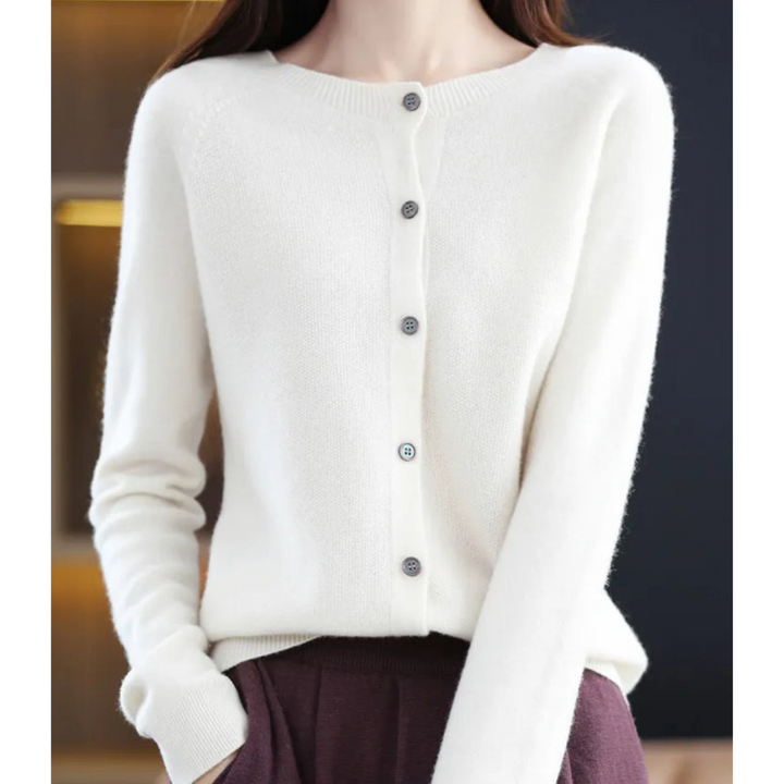 Veste en tricot de luxe pour femmes 100% laine mérinos avec encolure en O et touche de cachemire