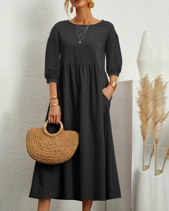 Tiana | Élégante Robe Midi pour Femme en Coton et Lin Naturels avec des Manches Bouffantes - Parfaite pour des Looks Boho Chic Décontractés