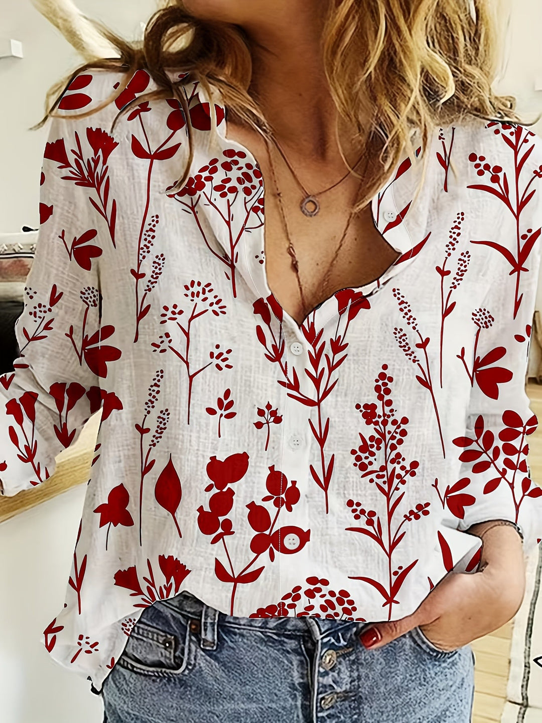 Chemisier Femme Velmira avec Imprimé Floral et Boutonnage - Manches Longues, Style Décontracté, Col Rabattu