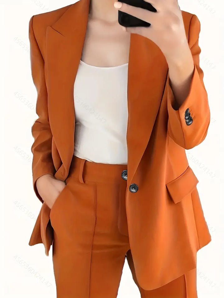 Marie - Élégant blazer à lapel et pantalon évasé à la mode - Ensemble complet avec fermeture à boutons