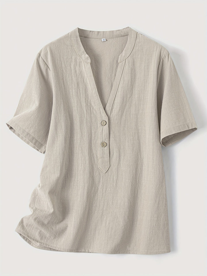 Blouse Femme Élégante Mattea à Encolure en V, Manches Courtes et Détail de Boutonnière Chic
