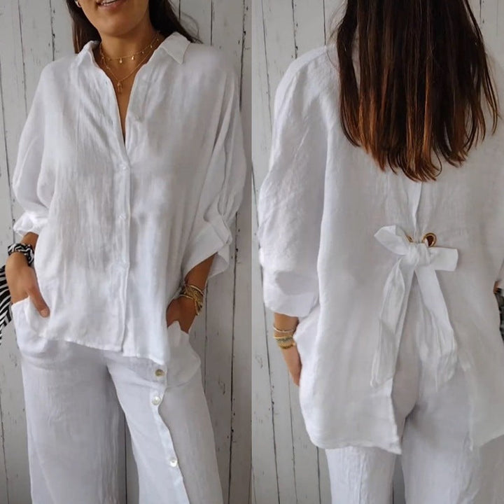 Halldora | Blouse élégante avec ceinture nœud dans le dos - Top à manches longues élégant