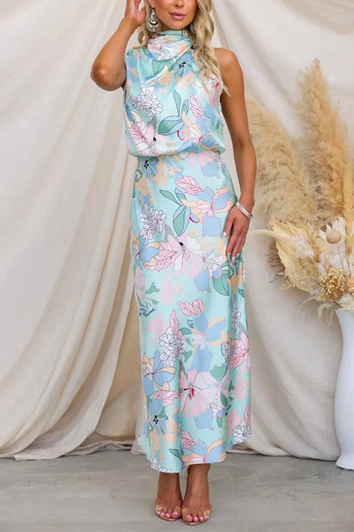 Chona | Élégante Robe Dames en Satin Bleu avec Imprimé Floral - Col Montant, Style Parfait pour les Soirs d'Été