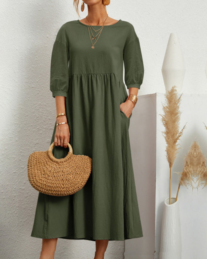 Tiana | Élégante Robe Midi pour Femme en Coton et Lin Naturels avec des Manches Bouffantes - Parfaite pour des Looks Boho Chic Décontractés