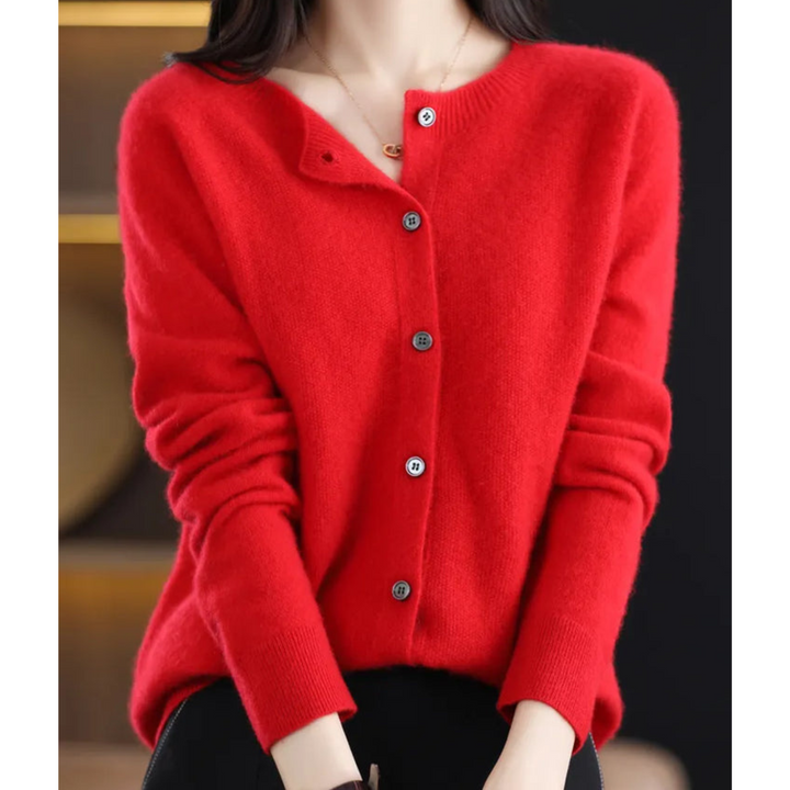 Veste en tricot de luxe pour femmes 100% laine mérinos avec encolure en O et touche de cachemire