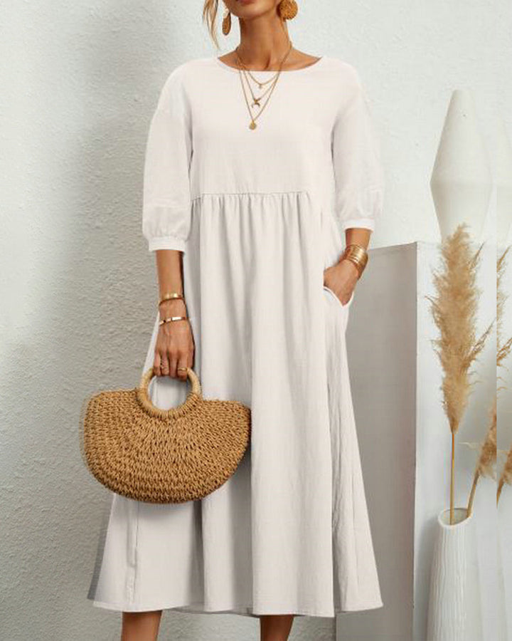 Tiana | Élégante Robe Midi pour Femme en Coton et Lin Naturels avec des Manches Bouffantes - Parfaite pour des Looks Boho Chic Décontractés
