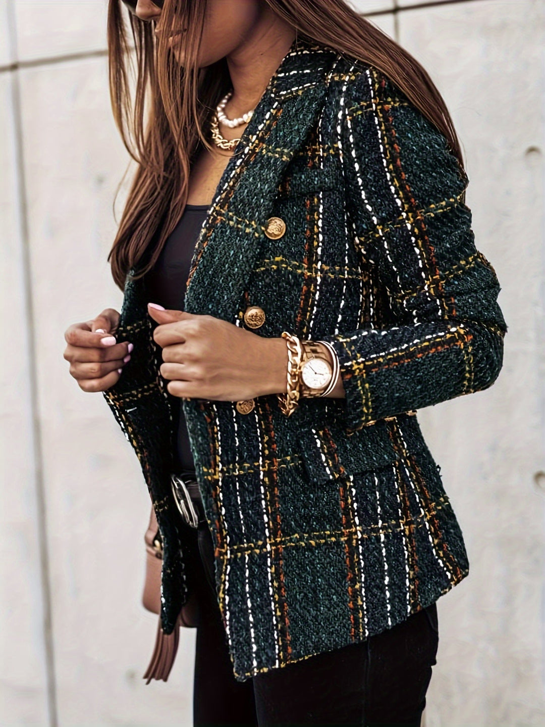 Genevieve | Blazer en Tweed Élégant à Double Boutonnage - Veste à Carreaux Élégante à Manches Longues pour le Bureau et le Travail pour Femmes