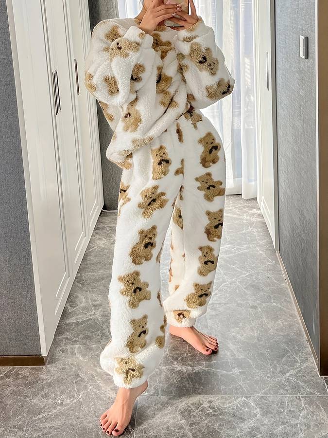 Danica - Ensemble loungewear ultra confortable avec imprimé ours blanc pour femme