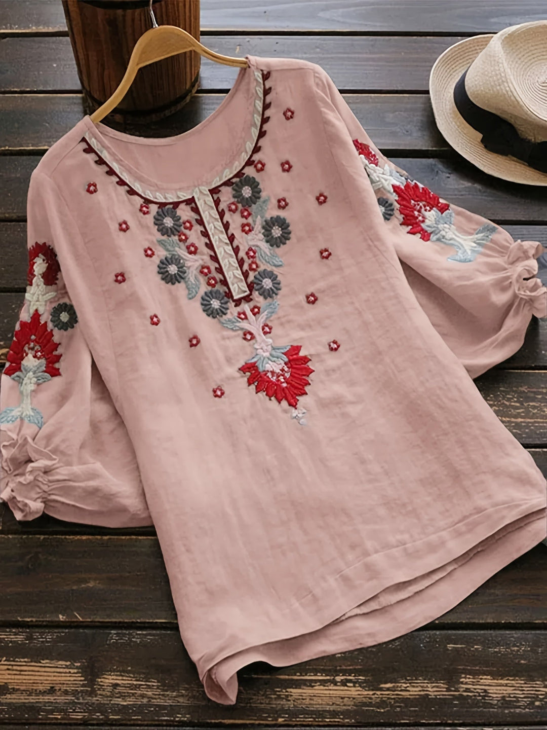 Slavenka Embroidered Floral Blouse - Plus Size, Stylish Casual Short Sleeve Top