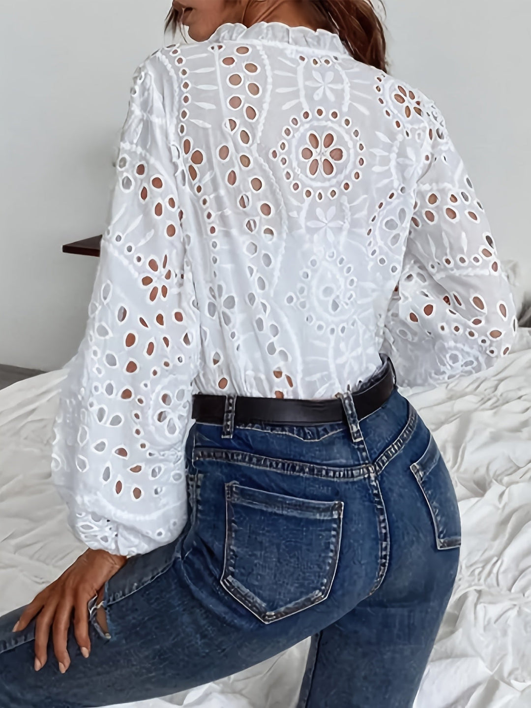 Miruna | Chemisier en Coton à Broderie à Oeillets pour Femme avec Col Élégant - Blouse Casual Chic