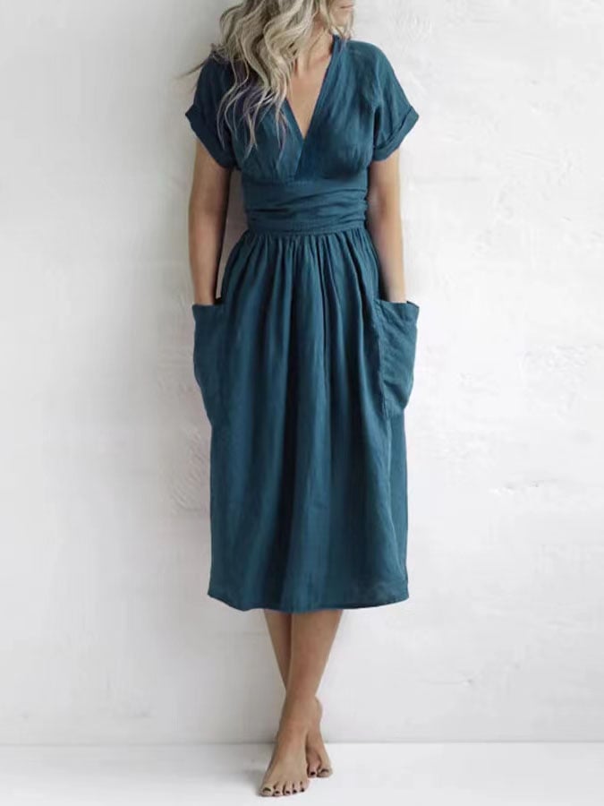Marita | Élégante robe de chambre midi en coton avec décolleté en V et design sans manches - Confortable et stylée