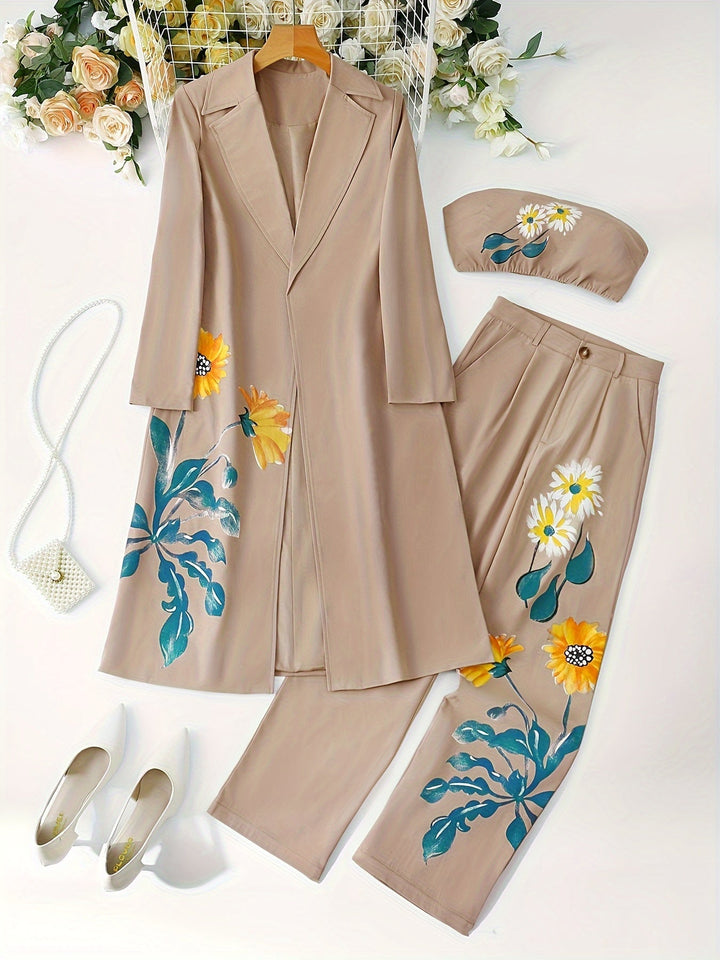 Brynja | Ensemble Élégant Femme avec Imprimé Floral - 3 pièces : Manteau Long, Top Sans Manches et Pantalon Ample pour des Looks Stylés