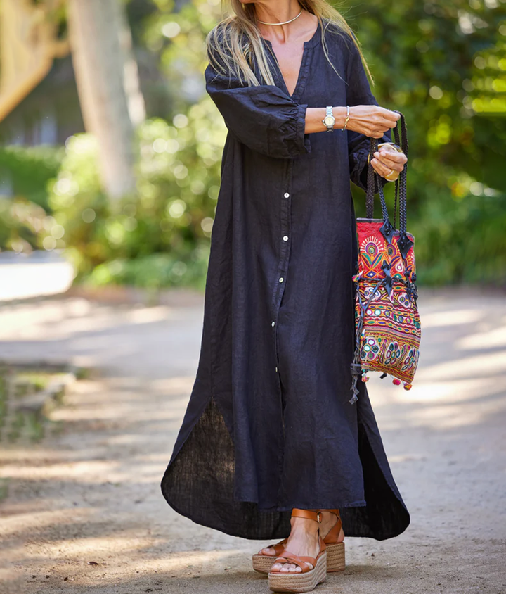Coleen | Robe en Jaquard Lin Noir Décontractée pour un Confort et un Style Réels