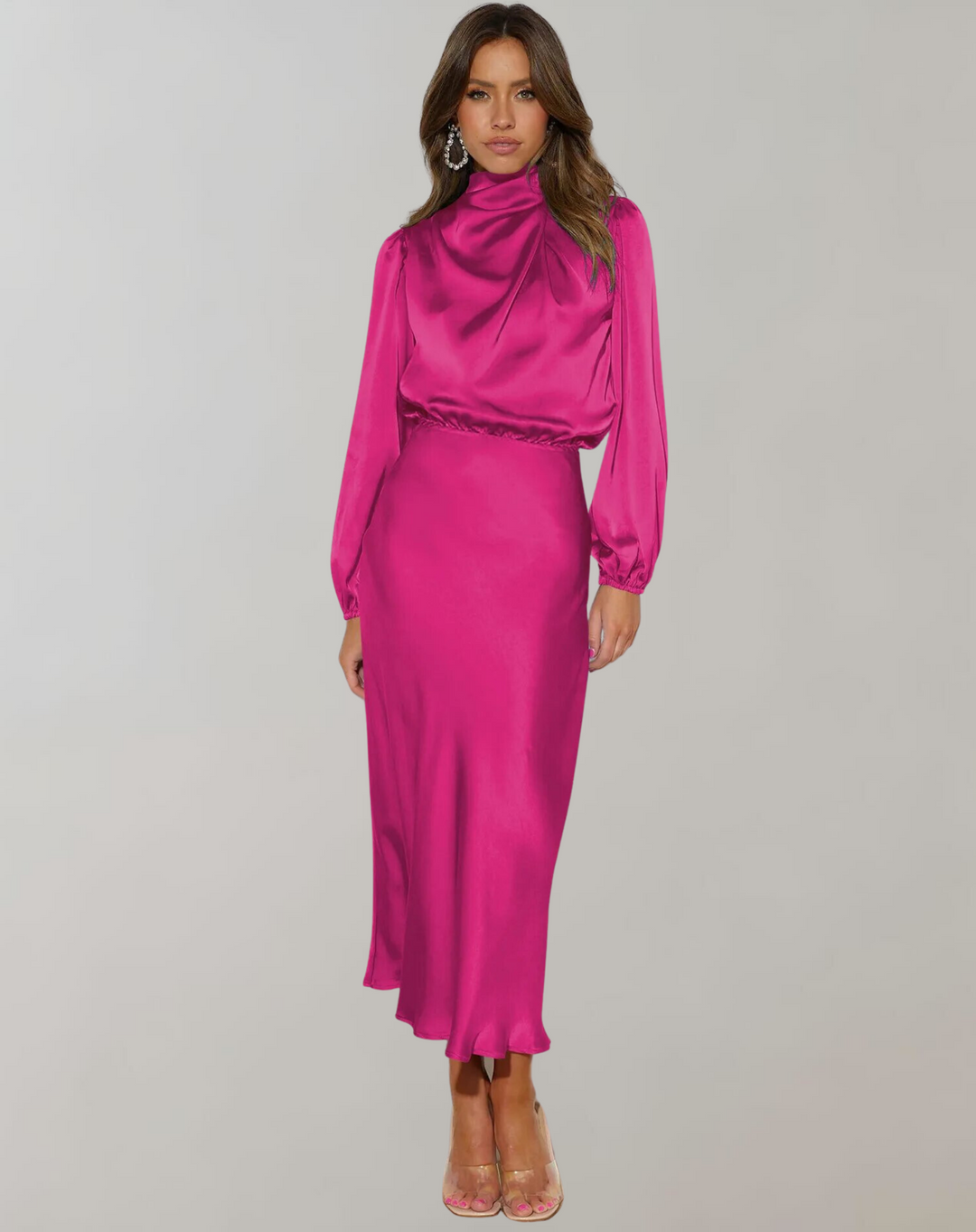 Darielle | Robe en satin luxe à manches longues pour les soirées, les fêtes et les occasions élégantes.