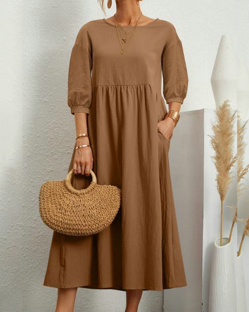 Tiana | Élégante Robe Midi pour Femme en Coton et Lin Naturels avec des Manches Bouffantes - Parfaite pour des Looks Boho Chic Décontractés